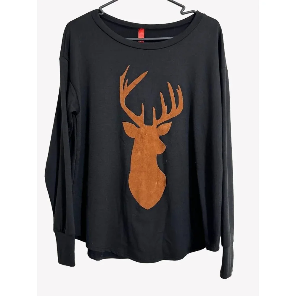 FASHIONOMICS Womens Medium Black Long Sleeve Deer Print Sweatshirt - Picture 1 of 4